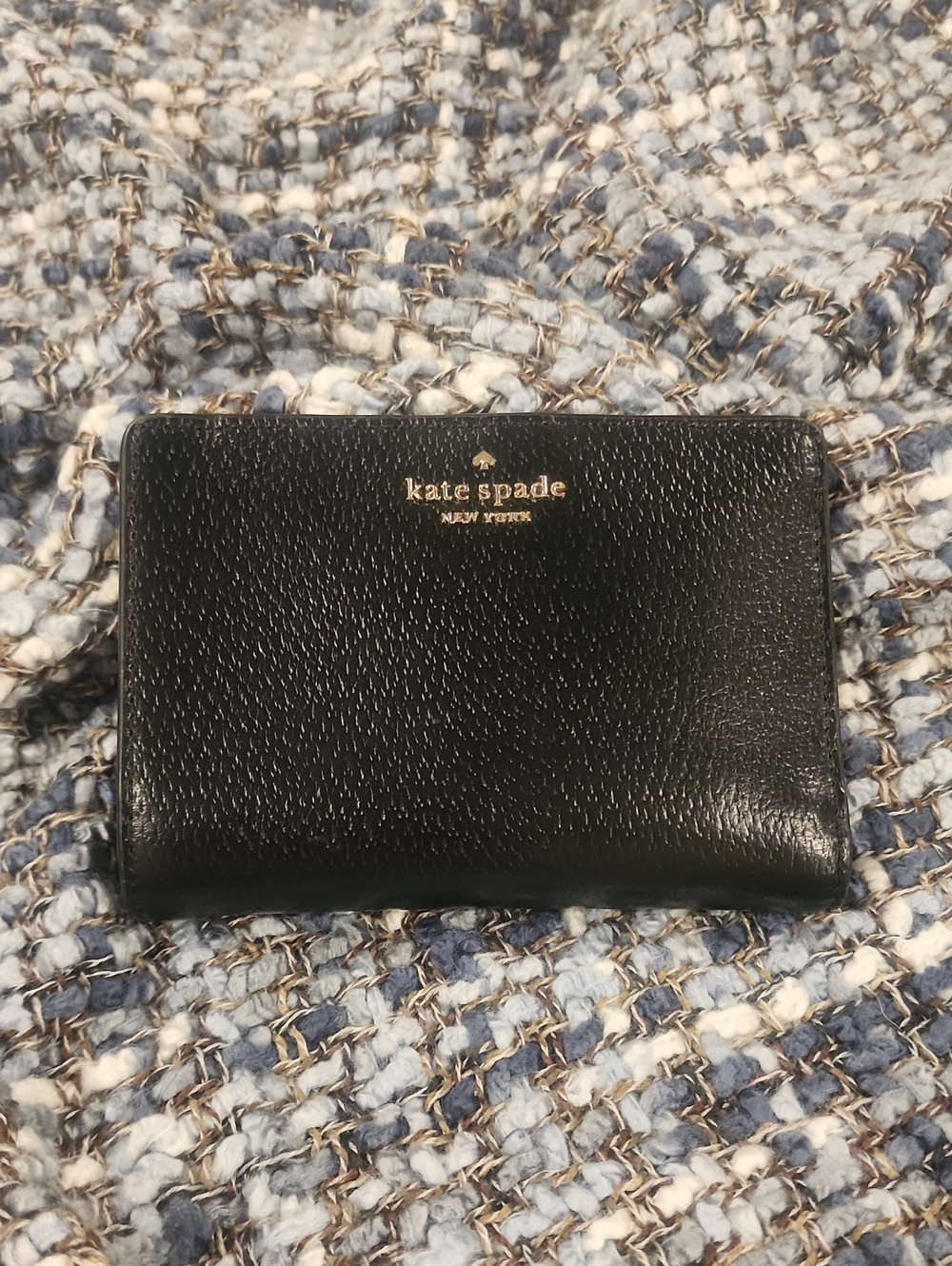 kate spade Black Pebbled Leather Zip Around Wallet with Gold Logo- Excellent